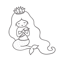 Mermaid with sea shell. Simple contour vector illustration.