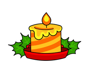 Christmas candle and mistletoe. Vector illustration.