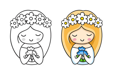 Portrait of little cute bride in a wreath of white daisies, holding blue flowers. Cartoon character. Vector illustration.