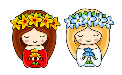 Portrait of little cute girl in a wreath of flowers, holding a bouquet. Cartoon character. Vector illustration.