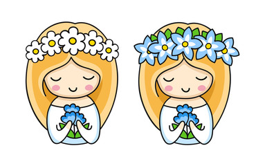 Portrait of little cute girl in a wreath of flowers, holding a bouquet. Cartoon character. Vector illustration.