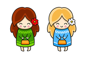 Kawaii girl, holding little bag. Cartoon characters. Vector illustration.