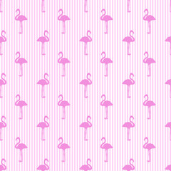 Seamless striped wallpaper with flamingos. Cartoon birds. Print for polygraphy, shirts and textiles. Abstract texture. Pattern for design. Colorful illustration