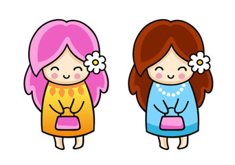 Kawaii girl, holding little bag. Cartoon characters. Vector illustration.