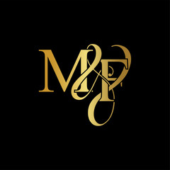 Initial letter M & F MF luxury art vector mark logo, gold color on black background.