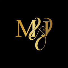 Initial letter M & J MJ luxury art vector mark logo, gold color on black background.