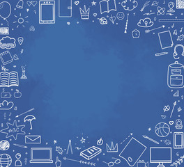 Back to school. Set of different signs. Abstract background with hand drawn school supplies. Banner design. Doodle for your business