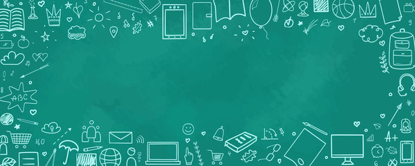 Back to school. Set of different signs. Abstract background with hand drawn school supplies. Banner design. Doodle for your business