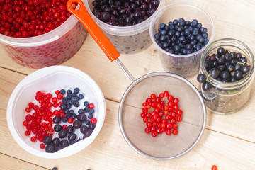Berries from his garden. Garden berries. Berries from the bushes. Red currant black currant gooseberry. Variety of berries.