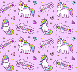 Unicorns, diamonds and clouds with inscriptions. Bright pink seamless pattern for children, kids, babies.