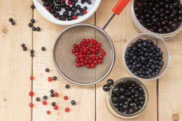 Berries from his garden. Garden berries. Berries from the bushes. Red currant black currant gooseberry. Variety of berries.