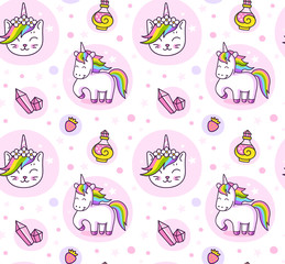 Fototapeta na wymiar Cats, unicorns and magic crystals. Cute seamless pattern for wallpaper, textile, fabric, print, bed linen. Vector illustration.