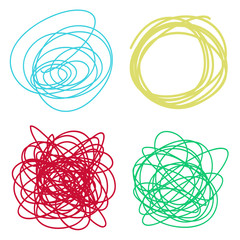 Colored sketchy shapes on white. Scribble colorful backgrounds with array of lines. Chaotic textures. Line art creation