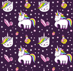 Cute prancing unicorn in the night sky. Cat's head with rainbow horn. Dark seamless pattern for fabric, textile, print, notebook, book.
