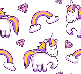Magic unicorns, rainbow and diamonds. Seamless children pattern.