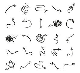 Infographic elements on isolated white background. Hand drawn simple arrows. Set of different pointers. Abstract indicators. Black and white illustration