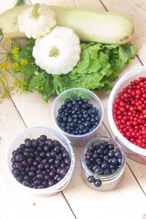 Berries from his garden. Garden berries. Berries from the bushes. Red currant black currant gooseberry. Variety of berries.