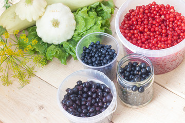 Berries from his garden. Garden berries. Berries from the bushes. Red currant black currant gooseberry. Variety of berries.