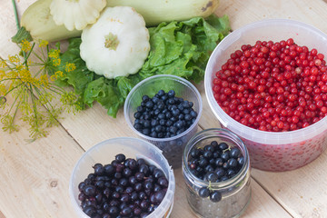Berries from his garden. Garden berries. Berries from the bushes. Red currant black currant gooseberry. Variety of berries.