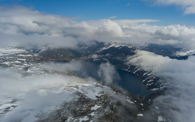 Panorama of the lake Djupvatnet on the road to mount Dalsnibba in Norway. Aerial(drone) shot in july 2019