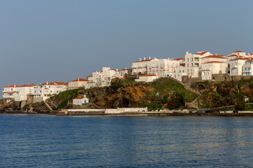 Obraz premium Greek Islands. View of the Chora town from high (Andros Island, Cyclades, Greece).