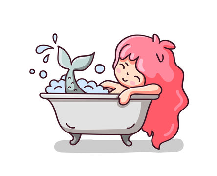 Mermaid taking a foam bath. Cute cartoon character for emoji, sticker, pin, patch, badge. Vector illustration.