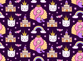 Magic seamless pattern with mermaids, white cats in the golden crowns, stars and rainbow on a dark background. Print for textile, bed linen, clothes, fabric, posters, decor, paper, wallpaper.