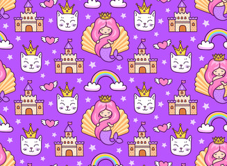 Magic seamless pattern with mermaids, white cats in the golden crowns, stars and rainbow on a purple background. Print for textile, bed linen, clothes, fabric, posters, decor, paper, wallpaper.