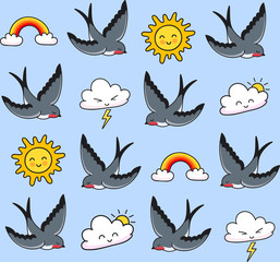 Grey swallows, smiling clouds, rainbow, sun. Seamless pattern on a blue sky background. Print for kids, children and babies. Vector illustration.
