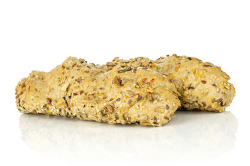 Group of two whole fresh cereal baguette isolated on white background