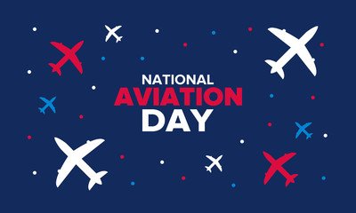 National Aviation Day in United States. Holiday, celebrated annual in August 19. Design with airplane and american flag. Patriotic element. Poster, greeting card, banner and background. Vector illustr