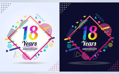 18 years anniversary with modern square design elements, colorful edition, celebration template design. - obrazy, fototapety, plakaty