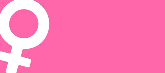 Female feminine gender symbol Venus sign inclined on border of light pink pastel paper cut out isolated background in wide banner panorama. Concept image for gender, feminine, Women's Day and girl. © fewerton