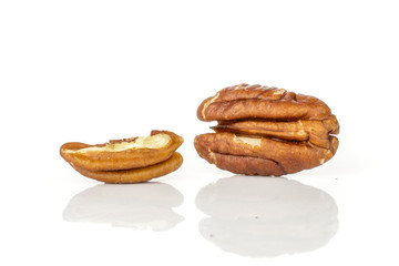 Group of one whole one half of fresh brown pecan nut half isolated on white background