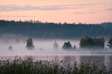 Obraz na płótnie Canvas Foggy summer landscape by the lake in Finland after sunset