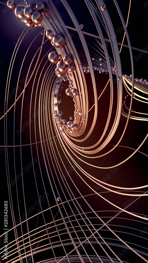 Poster abstract 3d rendering gold jewelry with shiny shapes beads on a dark background