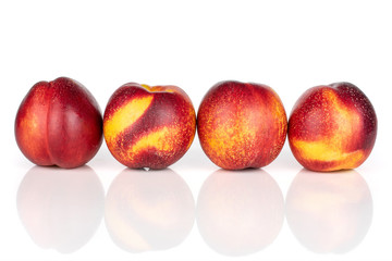 Group of four whole fresh red nectarine in a row isolated on white background