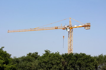 Construction industry tower crane or TC rising high over construction site surrounded with dense forest with clear blue sky in background