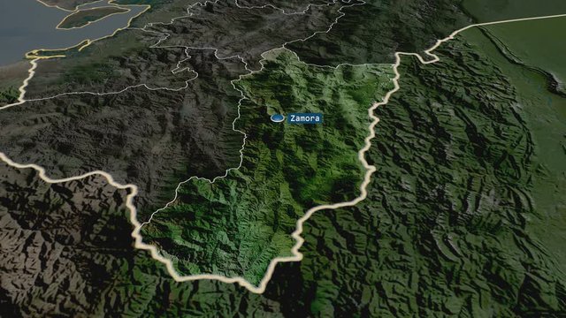 Zamora Chinchipe - province of Ecuador with its capital zoomed on the satellite map of the globe. Animation 3D