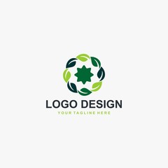 Green leaf logo design vector. Plant abstract illustration symbol. Circle leaves and star vector icons. 