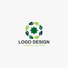 Green leaf logo design vector. Plant abstract illustration symbol. Circle leaves and star vector icons. 