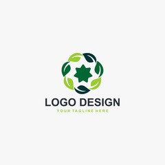 Obraz premium Green leaf logo design vector. Plant abstract illustration symbol. Circle leaves and star vector icons. 