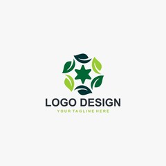 Green leaf logo design vector. Plant abstract illustration symbol. Circle leaves and star vector icons. 