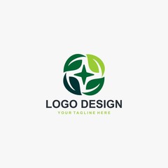 Green leaf logo design vector. Plant abstract illustration symbol. Circle leaves and star vector icons. 