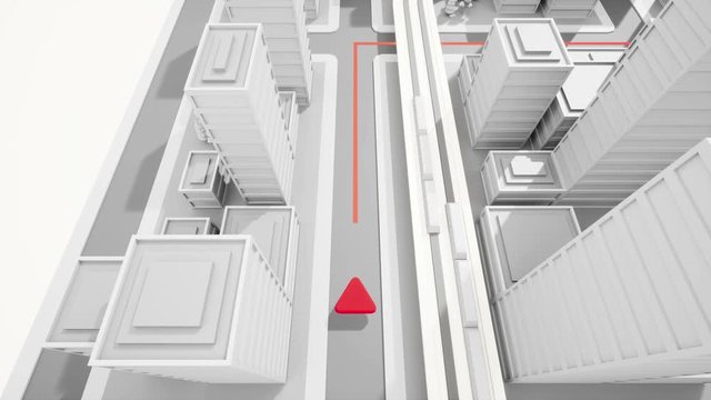 Low poly GPS map of city. Red arrow  running forward along a path. 60fps loopable seamless animation.