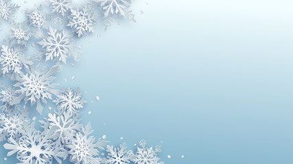 Christmas illustration of white complex paper snowflakes with soft shadows on light blue background