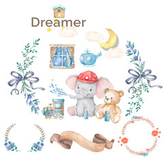 Cute baby safari animal elephant beautiful floral flowers wreath, frame, bouquet Watercolor hand drawn illustration on white background. Isolated cute animal. Rescue Team Baby cartoon invite card