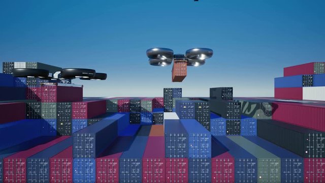 Large cargo drones during loading and unloading containers in the terminal. Loopable 4k 60fps animation with alpha channel.