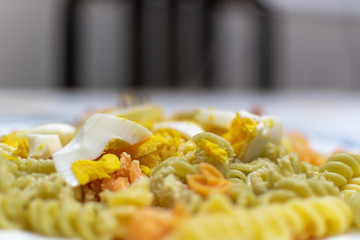  delicious fast lunch, dry pasta, eggs and sausage with cheese batter