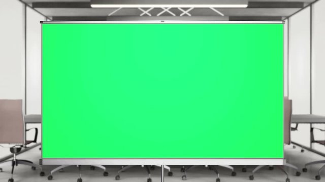 Projection cinema screen pull-down and camera zoom to green screen.  Blured office interior behind tripod. 60fps animation.